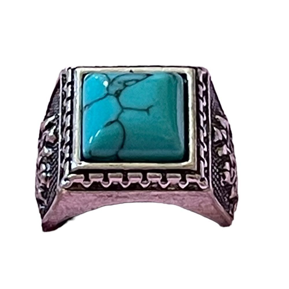 NWOT silver tone turquoise like square stone ring tree of life design size 9.5
